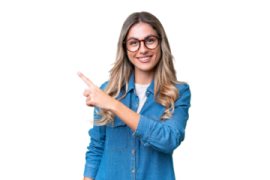 a woman wearing glasses and pointing at the camera