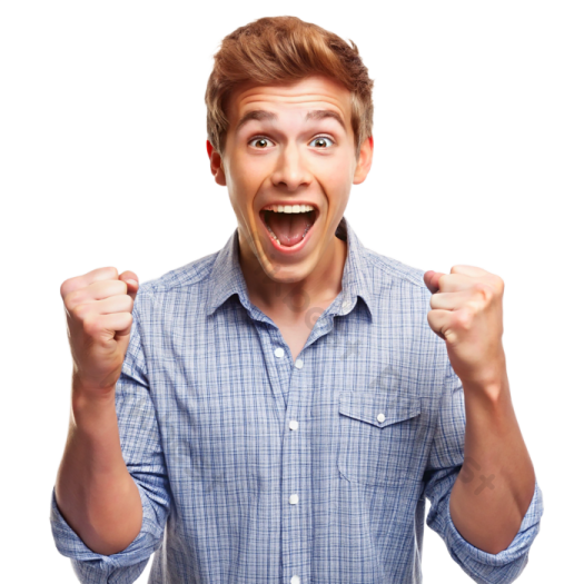 a young man in a blue shirt with his fists up