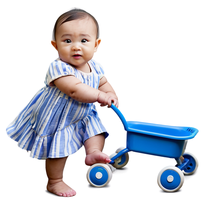 a baby in a blue and white striped dress pushing a toy