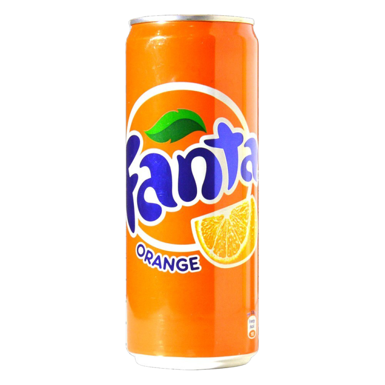 a can of orange soda on a white background