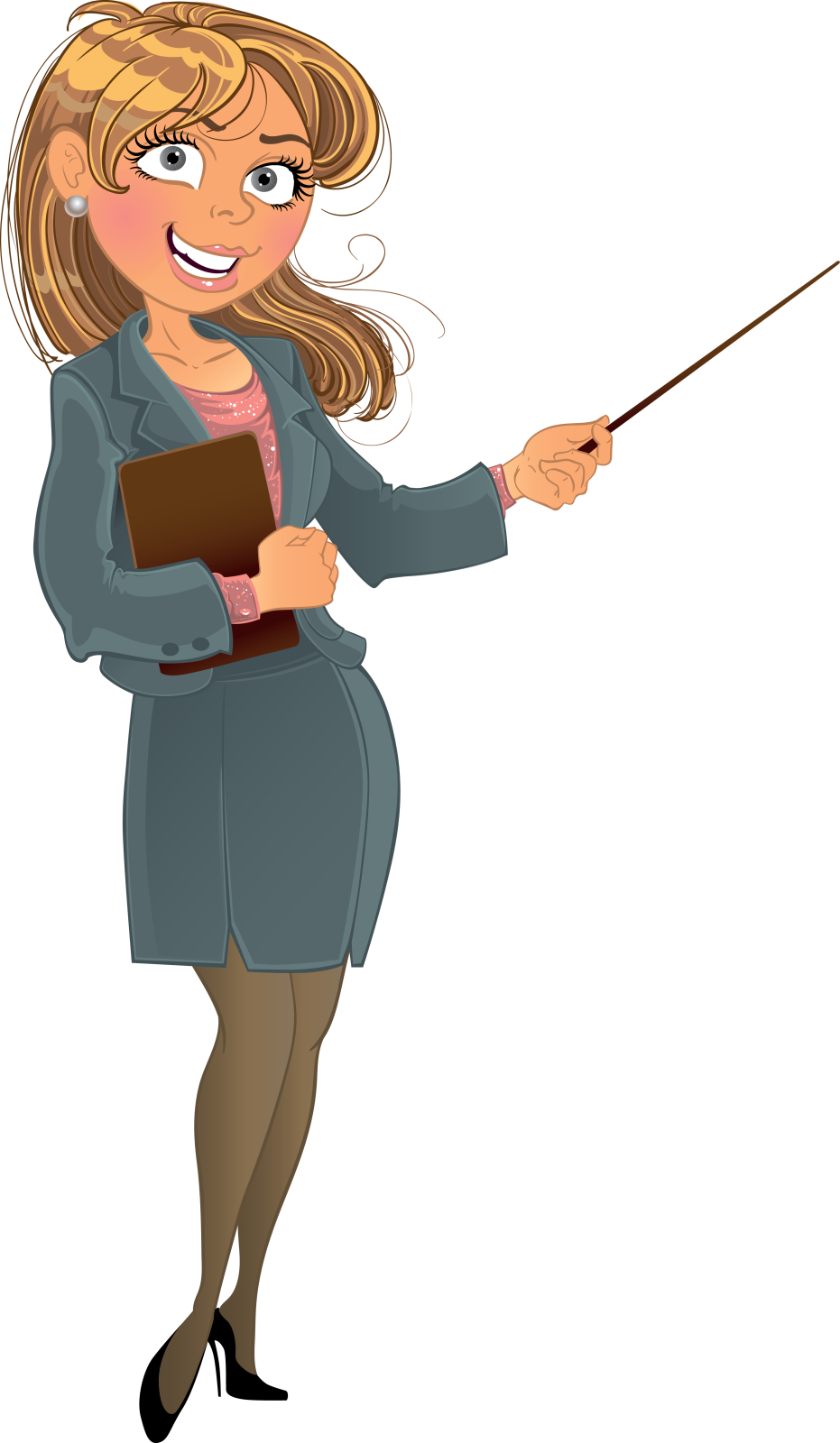 a woman in a business suit with a pointer