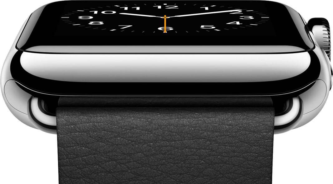 an apple watch with a black leather band