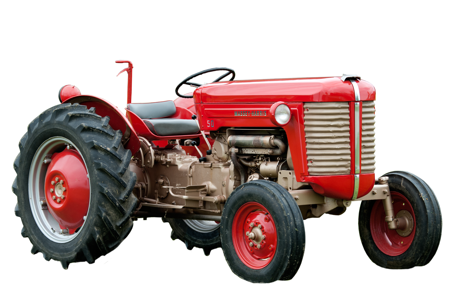 an old red tractor on a white background