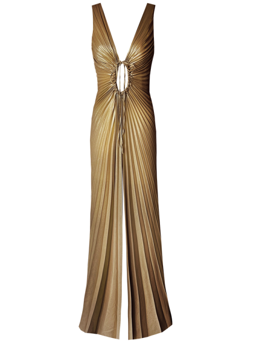 a woman wearing a gold dress