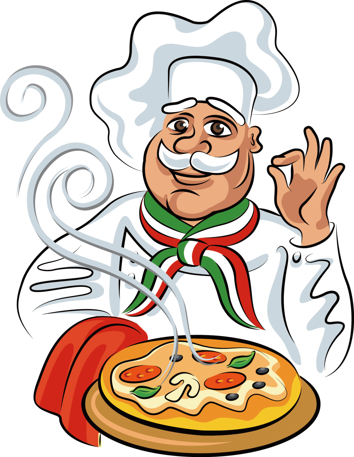 a chef with a pizza in his hand