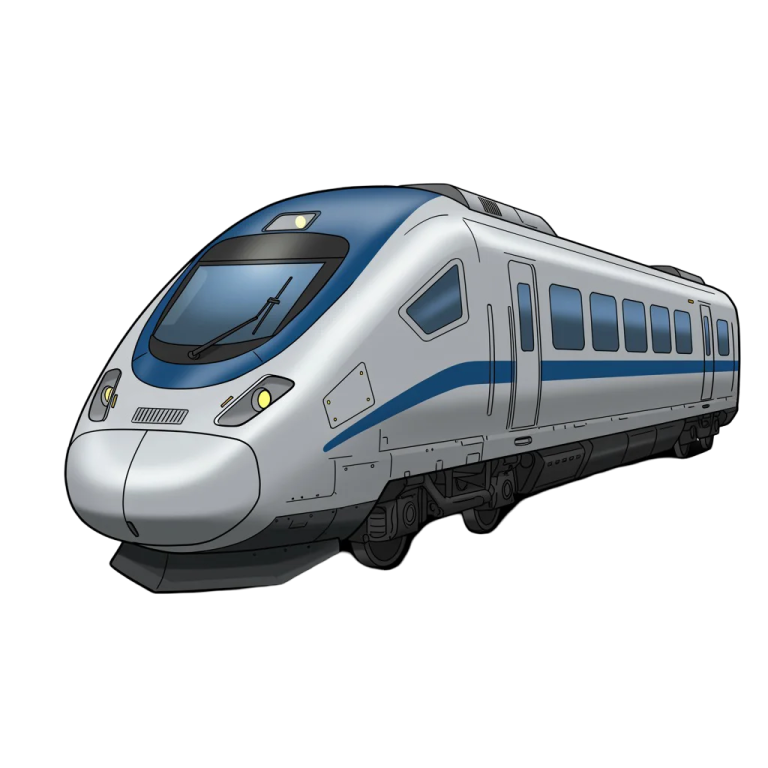 a blue and white train on a white background