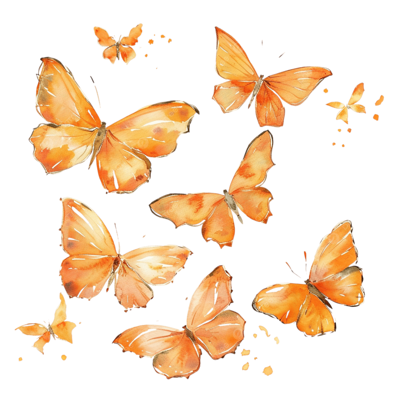 a group of orange butterflies on a white background