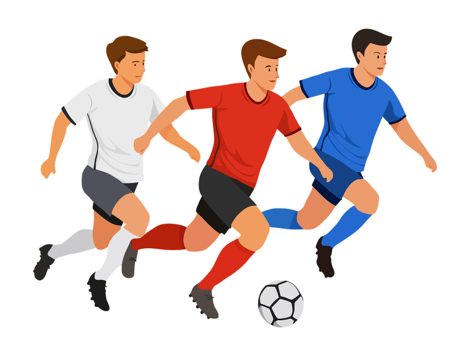 three soccer players running with the ball