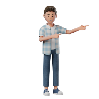 a 3d man pointing at something