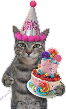 a cat wearing a birthday hat and holding a cake
