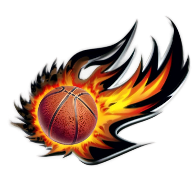 a basketball ball with flames in the background