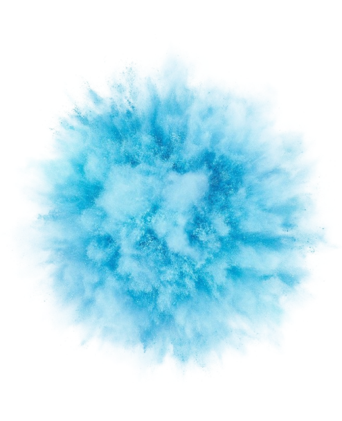 a blue powder explosion on white background