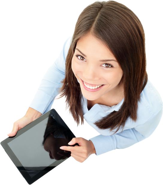 a woman holding up a tablet computer