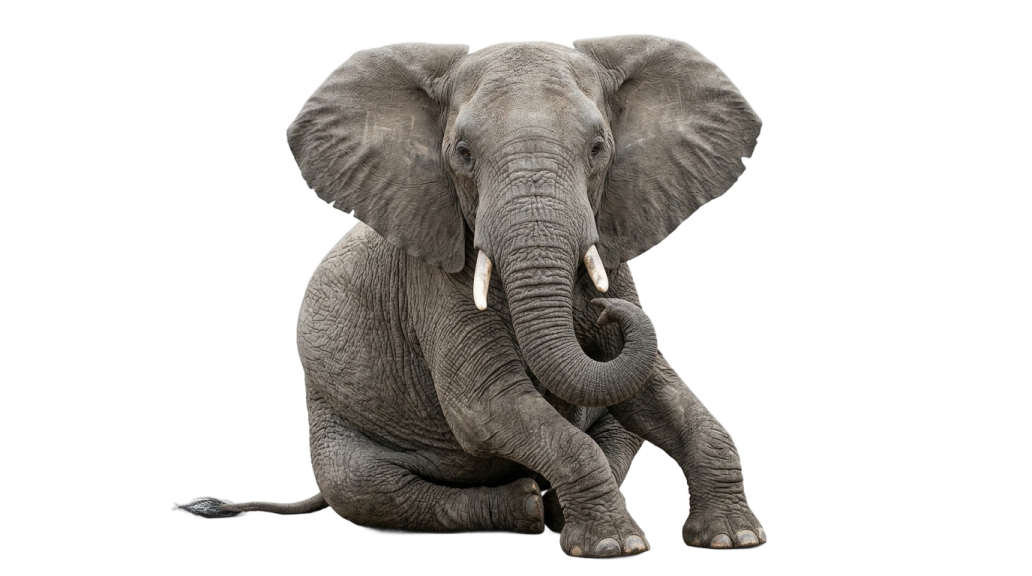 an elephant sitting on the ground with its trunk up