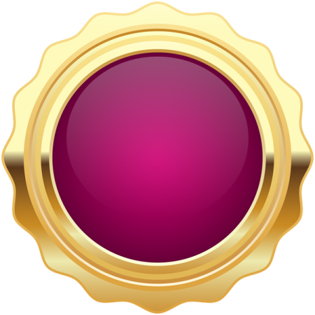 a purple and gold seal with a white background