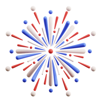 a white background with red, white and blue fireworks
