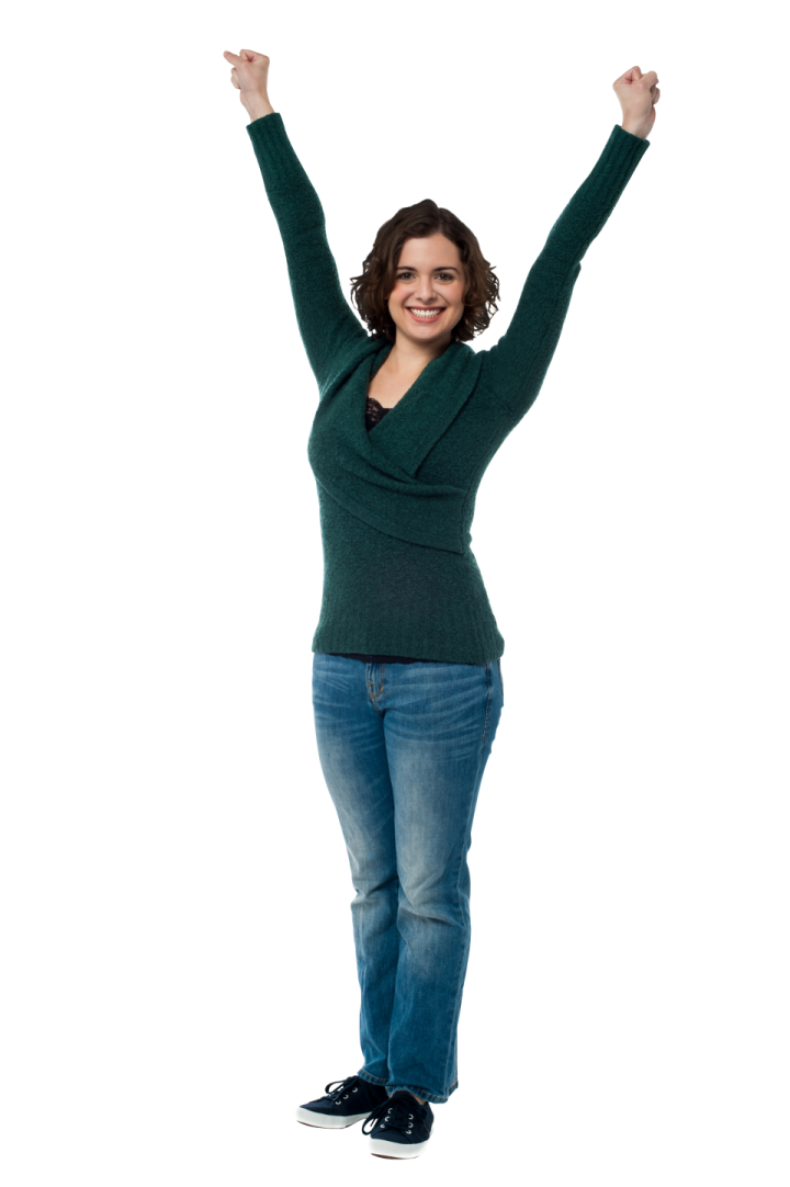 a woman with her arms up in the air