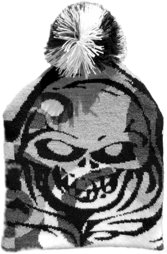 a black and white beanie with a tiger on it
