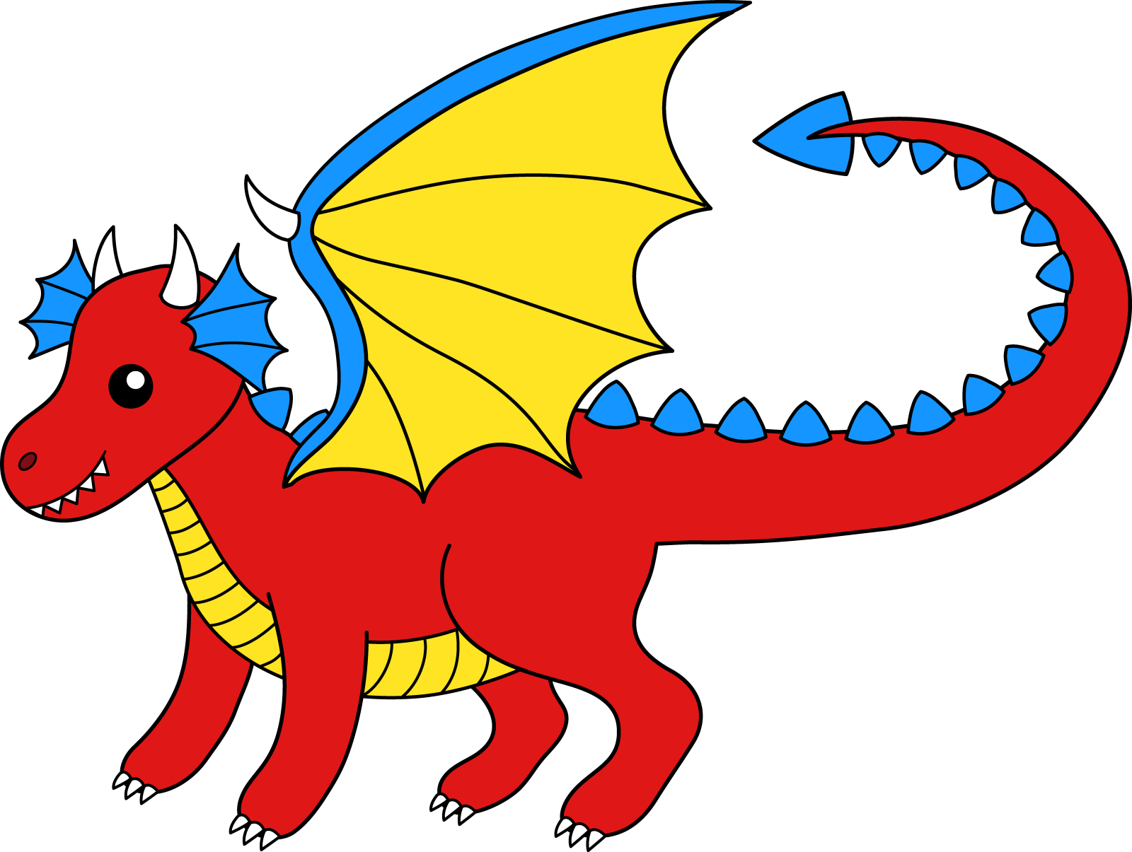 a red and yellow dragon with blue wings