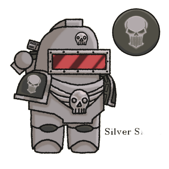 a drawing of a robot with a skull on his chest