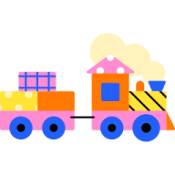 a toy train with a house on the side