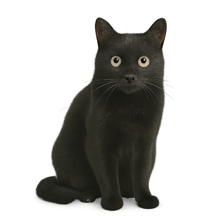 a black cat sitting down looking at the camera