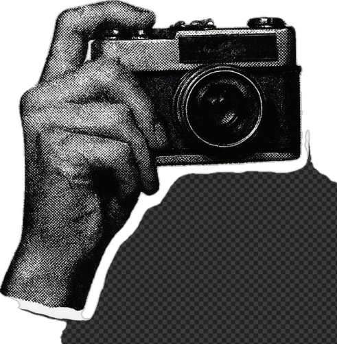 a black and white photo of a hand holding a camera