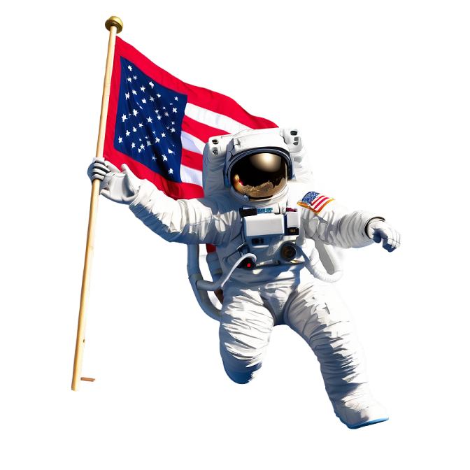 a man in an astronaut suit holding a flag