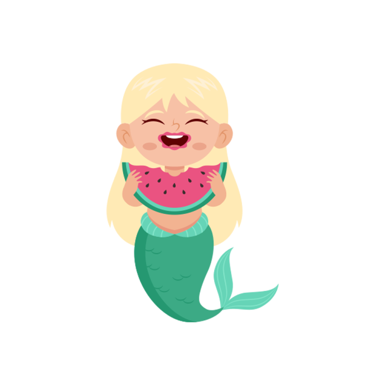 a little mermaid holding a watermel and smiling