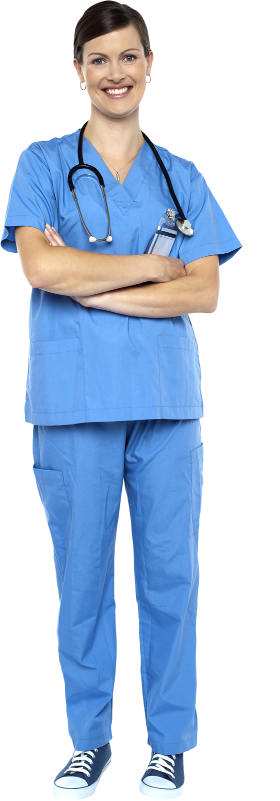 a smiling female nurse in scrubs