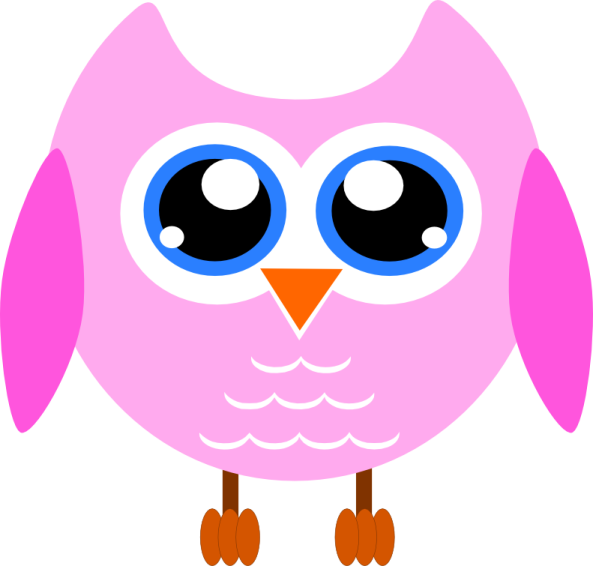 a pink owl with blue eyes and brown feet