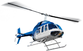 a blue and white helicopter flying through the air