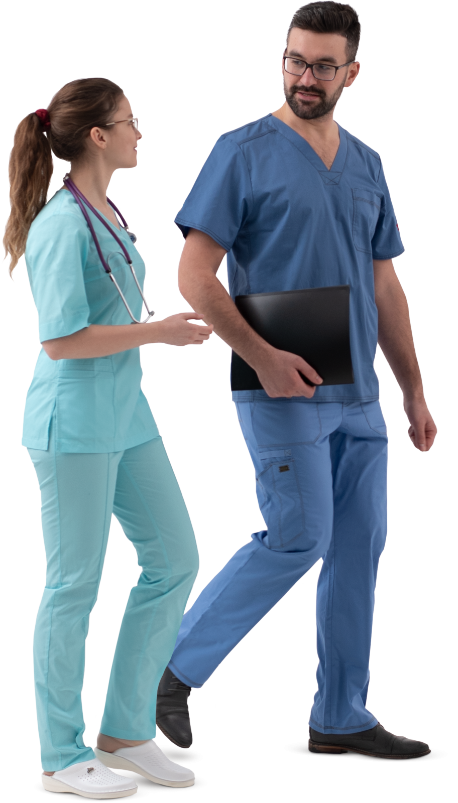 a man and woman in scrubs walking together
