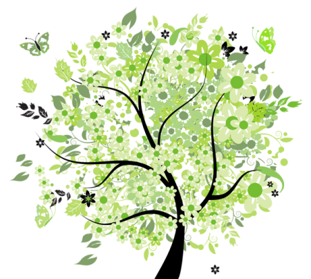 a green tree with leaves and flowers