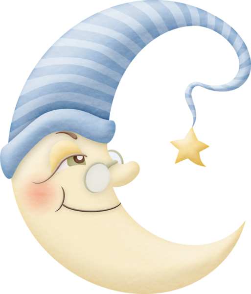 a cartoon moon with a blue and white striped hat
