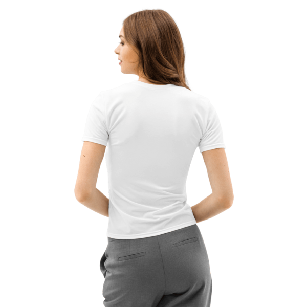 a woman wearing a white t - shirt and grey pants