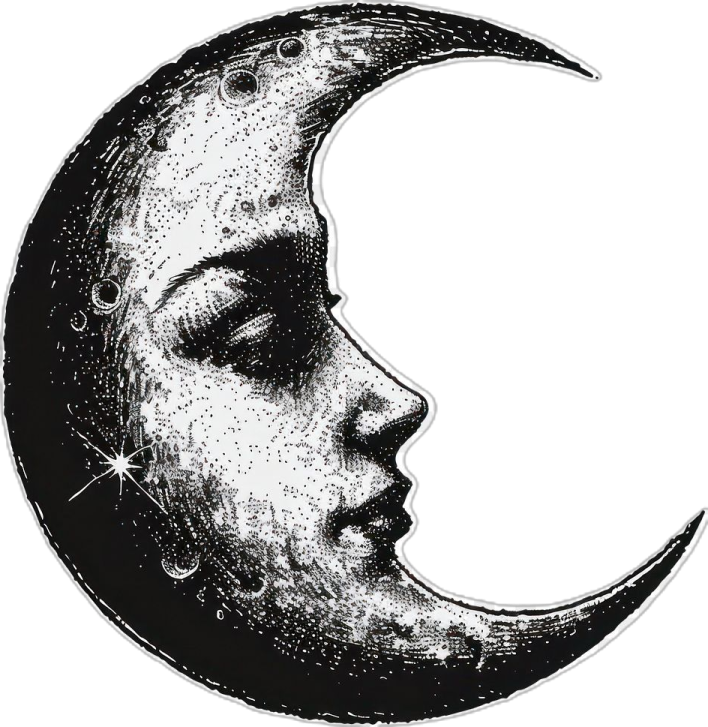 a black and white drawing of a crescent moon