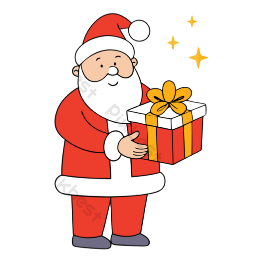 a cartoon santa holding a gift box