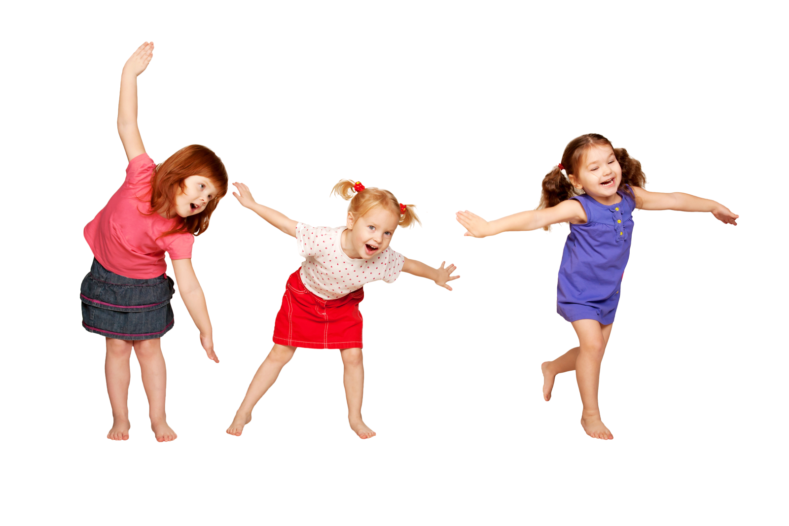 three little girls are jumping in the air