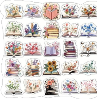 a bunch of books stickers on a white background