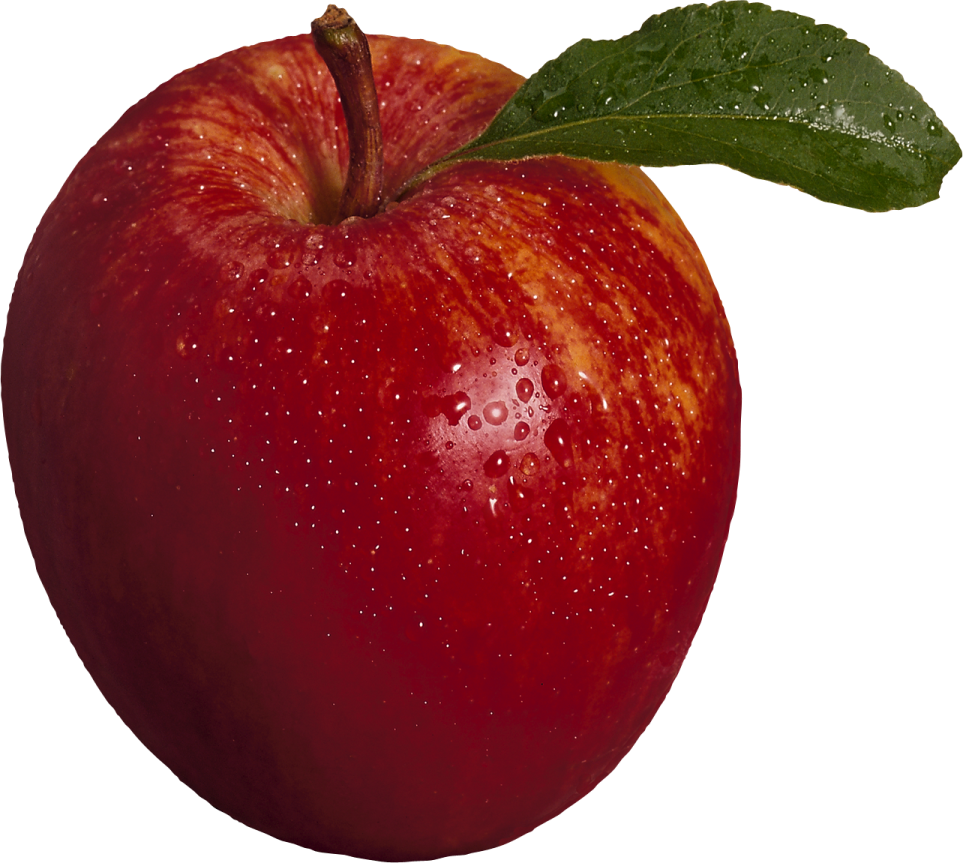 a red apple with a leaf on it