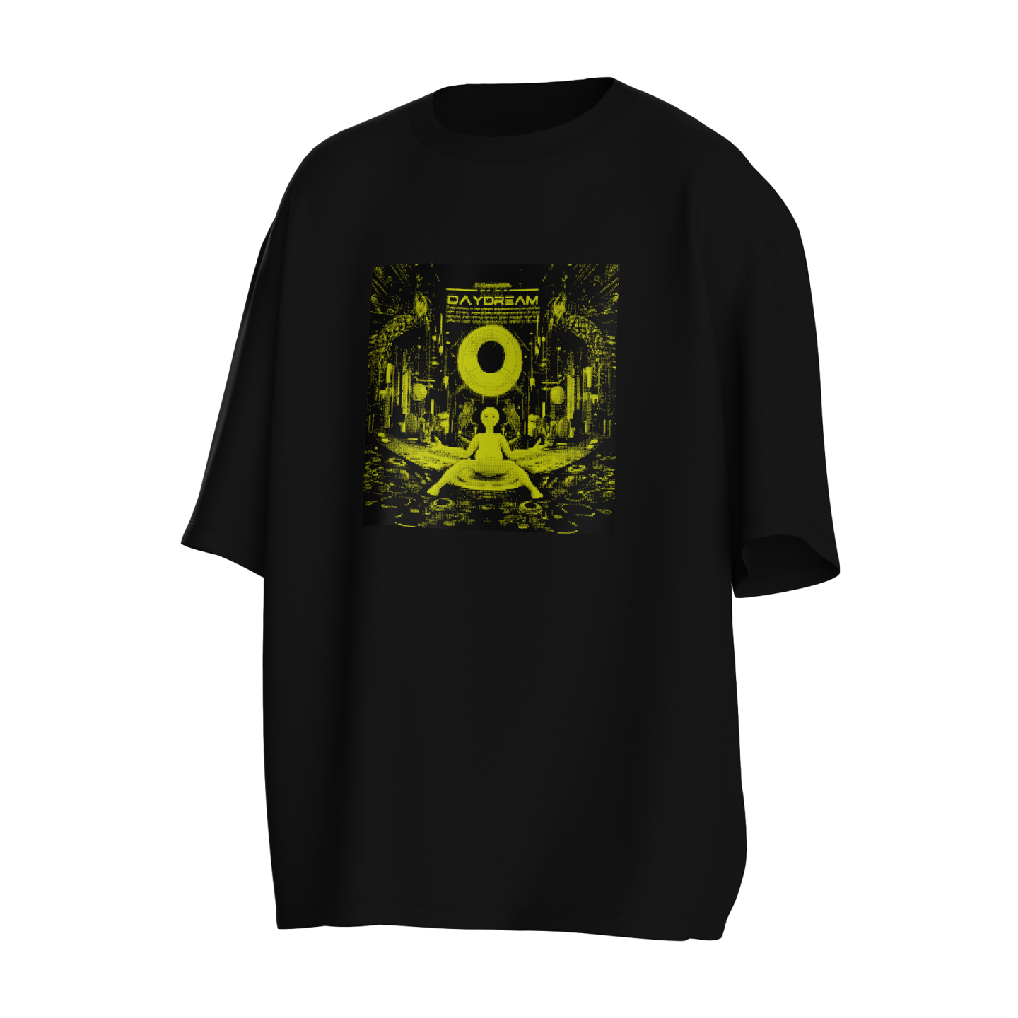 a black t - shirt with an image of a woman doing yoga