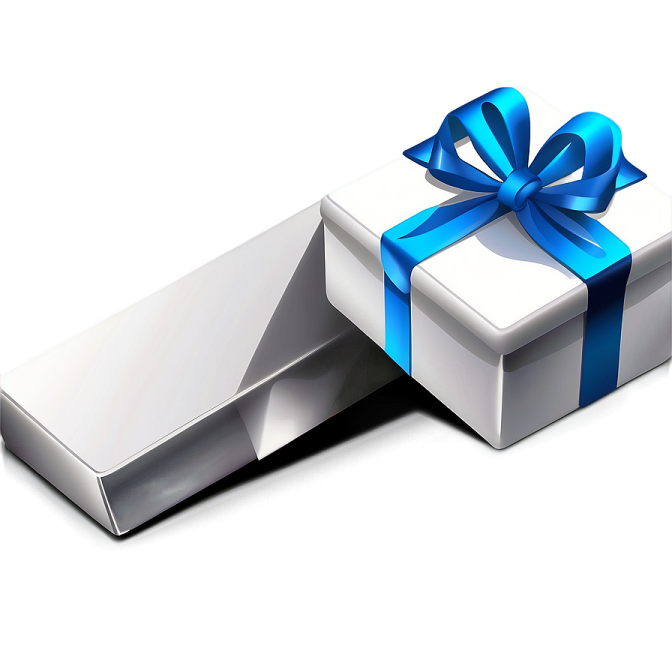 a white gift box with blue ribbon and bow