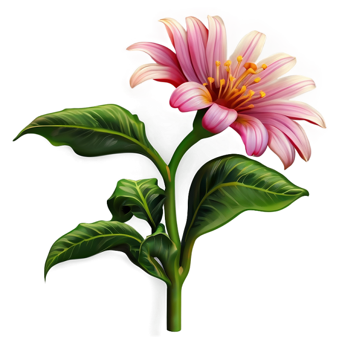 two pink flowers with green leaves on white background
