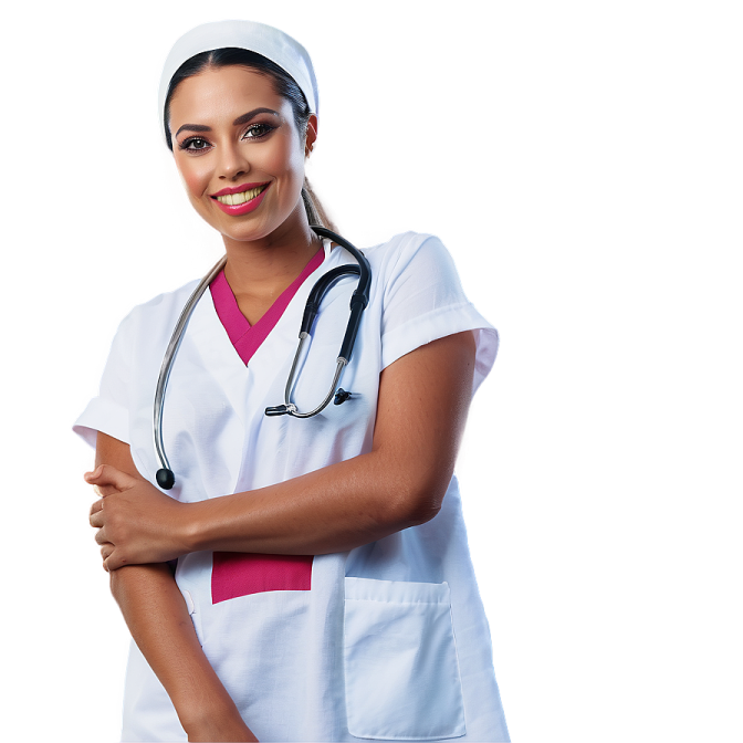 a woman in a white lab coat with a stel