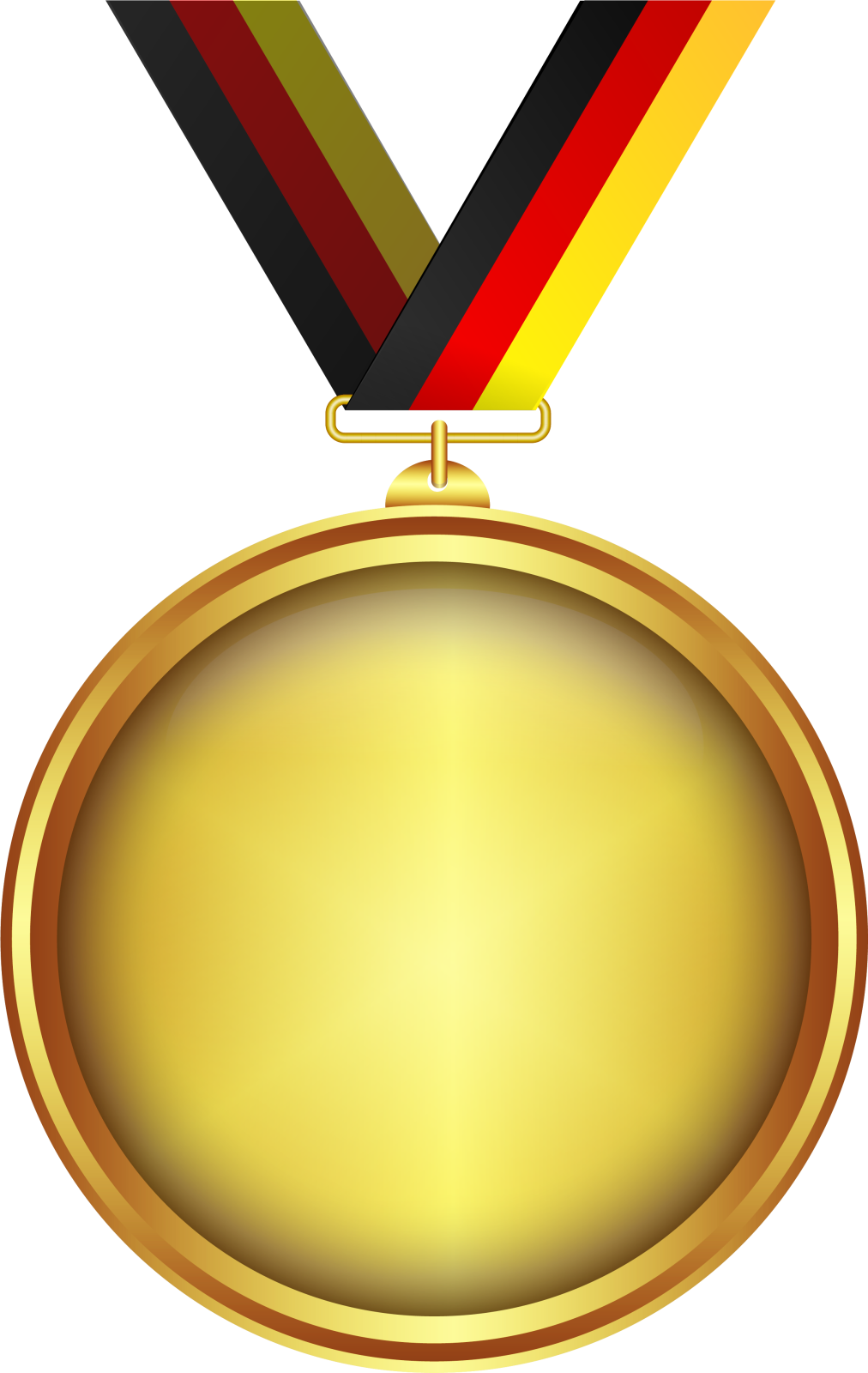 a gold medal with a black and red ribbon
