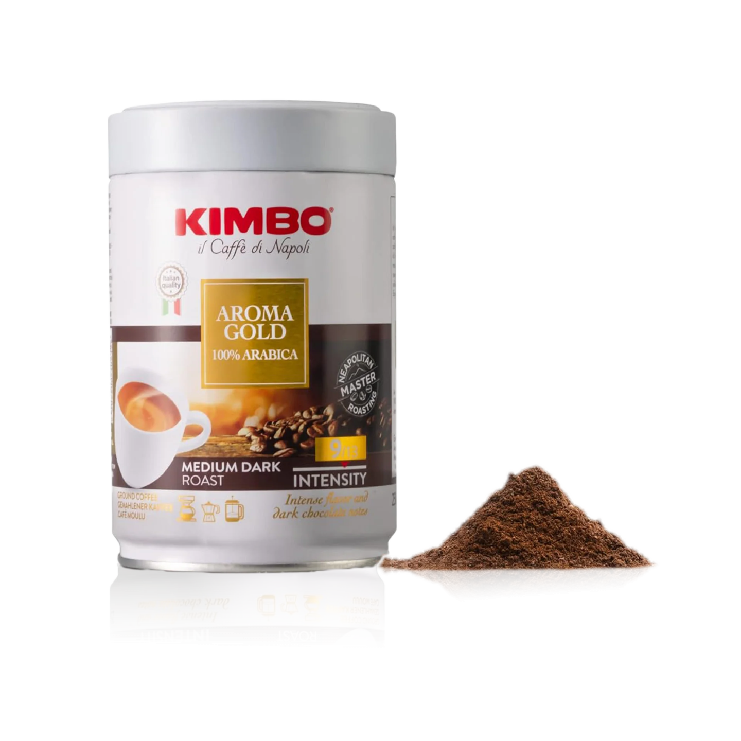 a canister with coffee beans and cocoa powder
