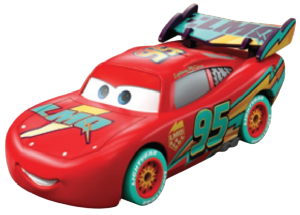 a red toy car with a cartoon character on it