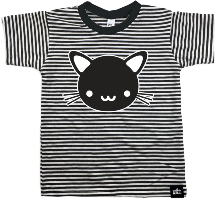a black and white striped shirt with a cat face on it