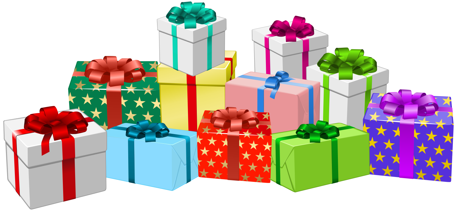 a pile of colorful gift boxes with bows